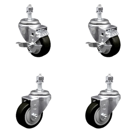 Service Caster 3 Inch SS Black Polyurethane Swivel 1/2 Inch Threaded Stem Caster Brakes SCC, 2PK SSTS20S314-PPUB-BLK-TLB-121315-2-S-2